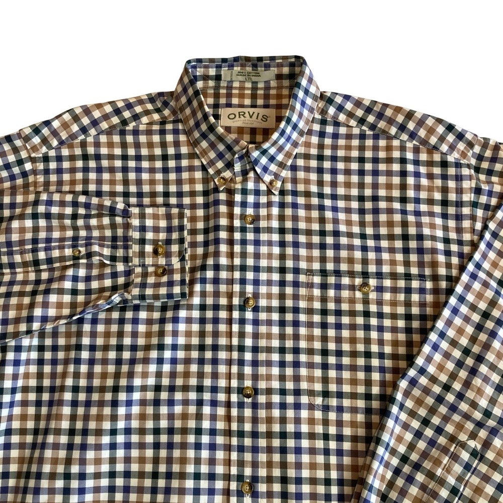 Orvis Mens Large Tall LTL Blue Brown Check‎ Cotton Button Down Shirt Long Sleeve